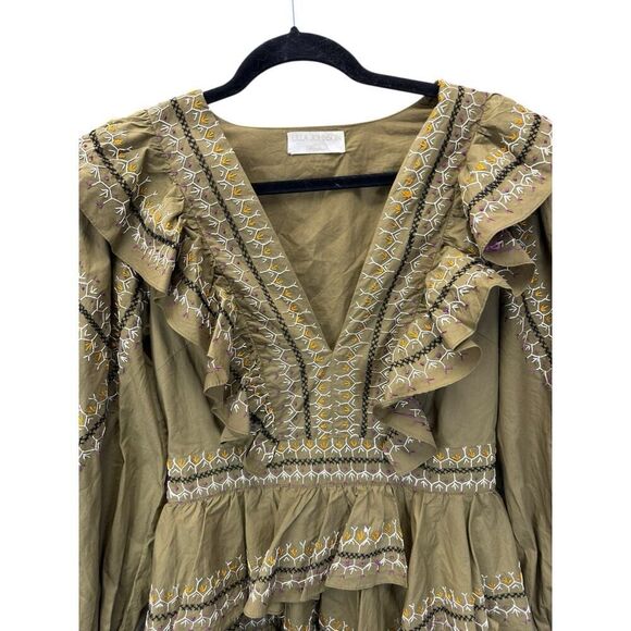 Ulla Johnson Olive Anais Embroidered Ruffle Mini Dress Size 6 Cotton Boho Chic - Picture 7 of 16